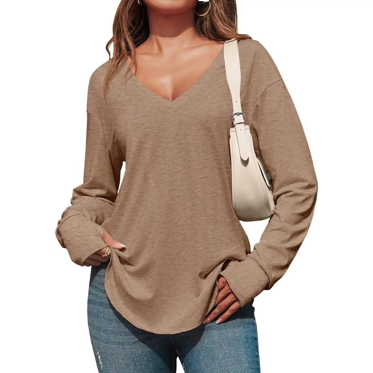 Women's Deep V-Neck Long Sleeve Oversized Tunic Top