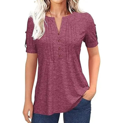 Women’s V Neck T Shirt – Casual Pleated Button Top