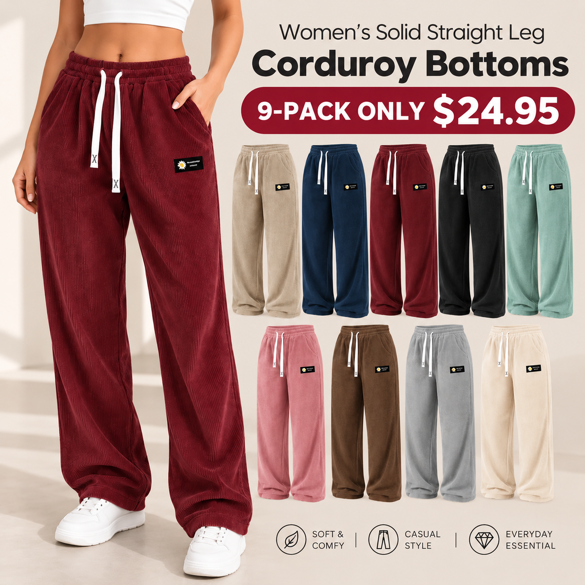 [LAST DAY SALE]Women's Solid Straight Leg Corduroy Bottoms