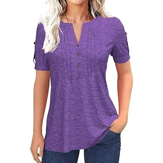 Women’s V Neck T Shirt – Casual Pleated Button Top