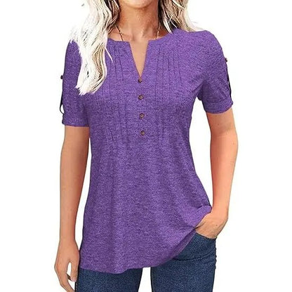 Women’s V Neck T Shirt – Casual Pleated Button Top