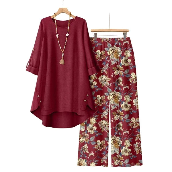 [LAST DAY SALE]Women's Cotton Linen Half Sleeve Top ＆ Pants Set